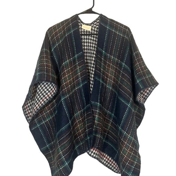 ModCloth Navy Blue Plaid Opened Front Knit Shawl Cardigan Poncho Women Sz OS - Picture 1 of 8